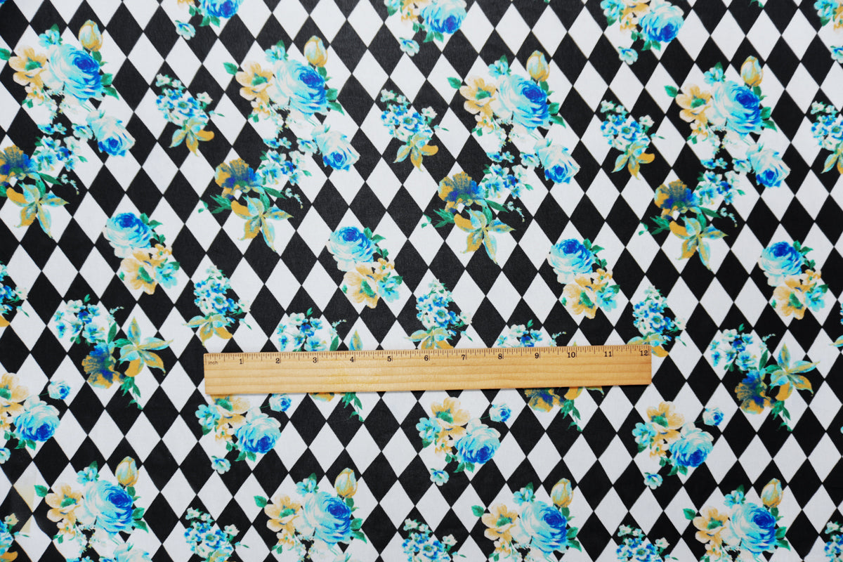 Black-White-Blue Poly Floral Tile Printed Chiffon Woven Fabric