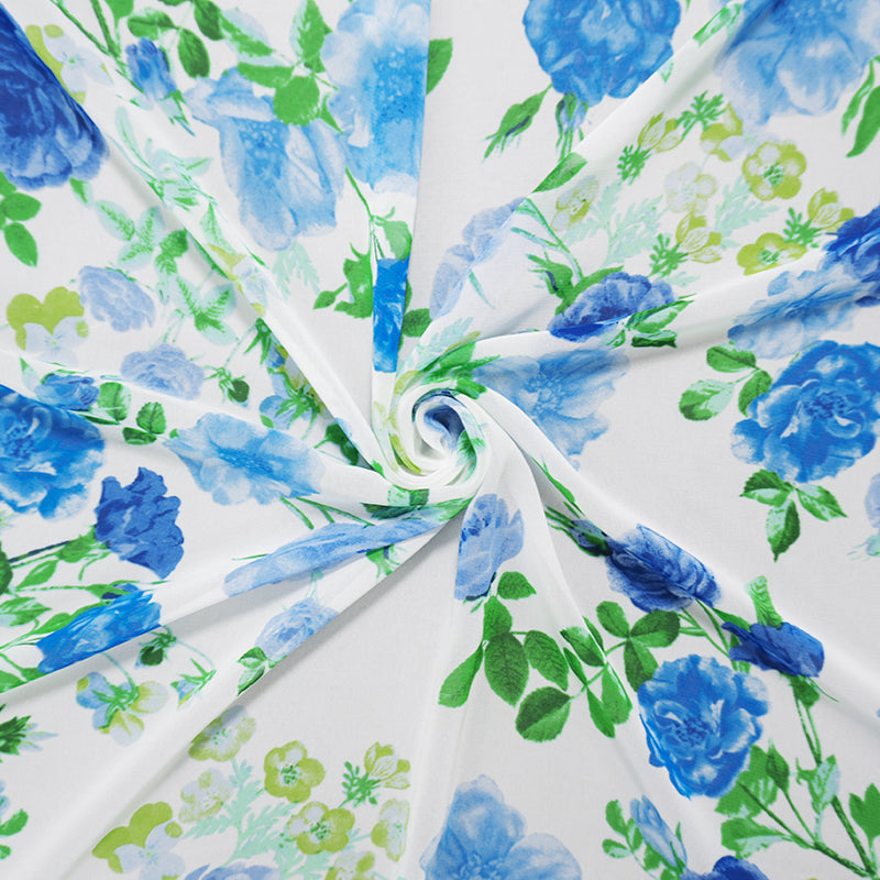 White-Blue-Multi Poly Floral Printed Chiffon Woven Fabric