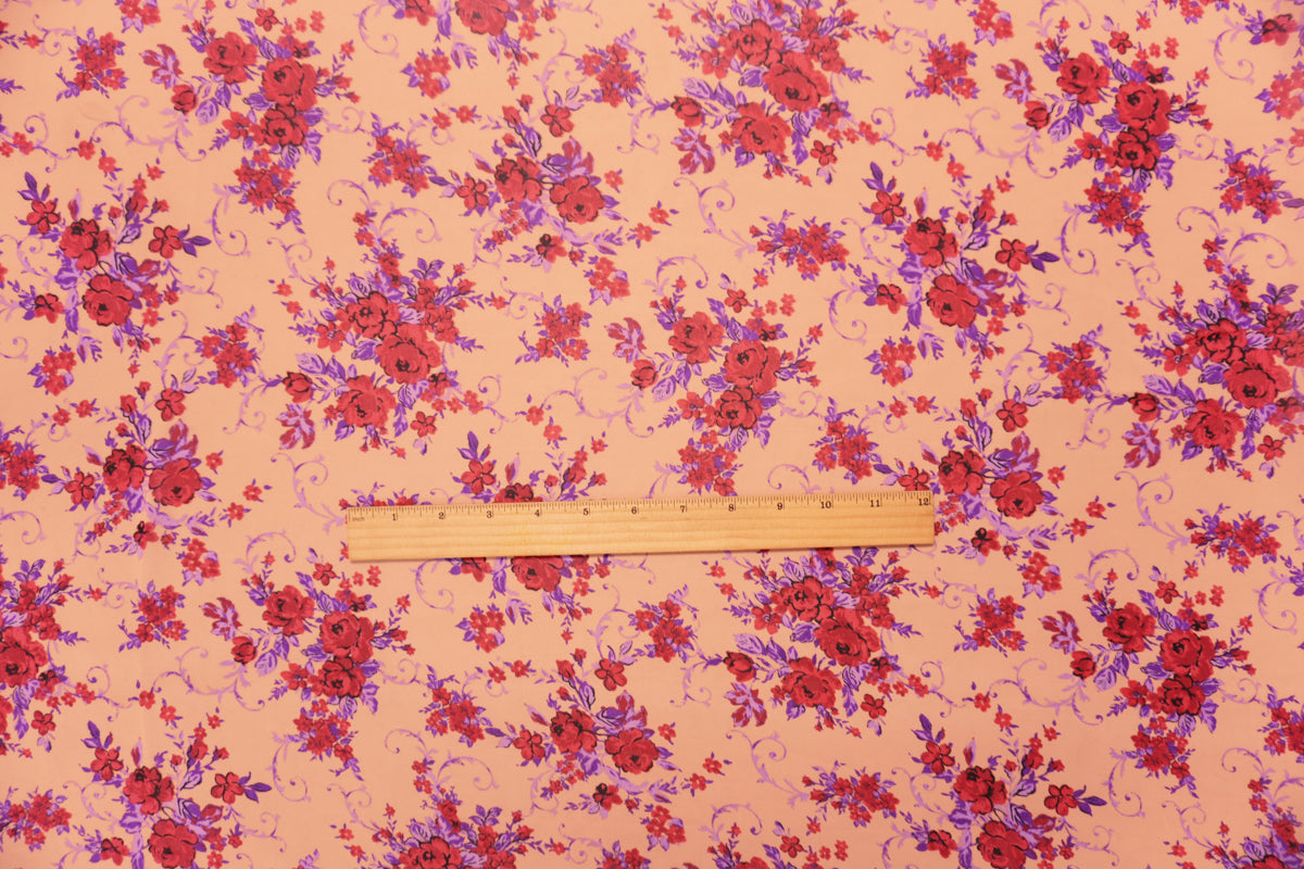 Peach-Purple-Red Poly Floral Printed Chiffon Woven Fabric