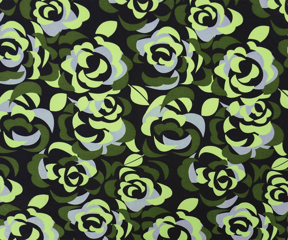 Black-Green-Multi Poly Floral Printed ITY Jersey Knit Fabric