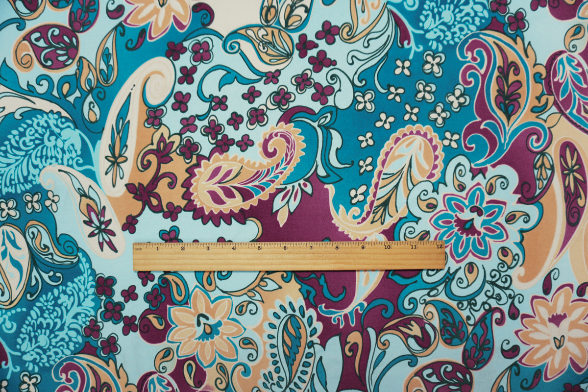 Teal-Purple Poly Floral Paisley Printed ITY Jersey Knit Fabric