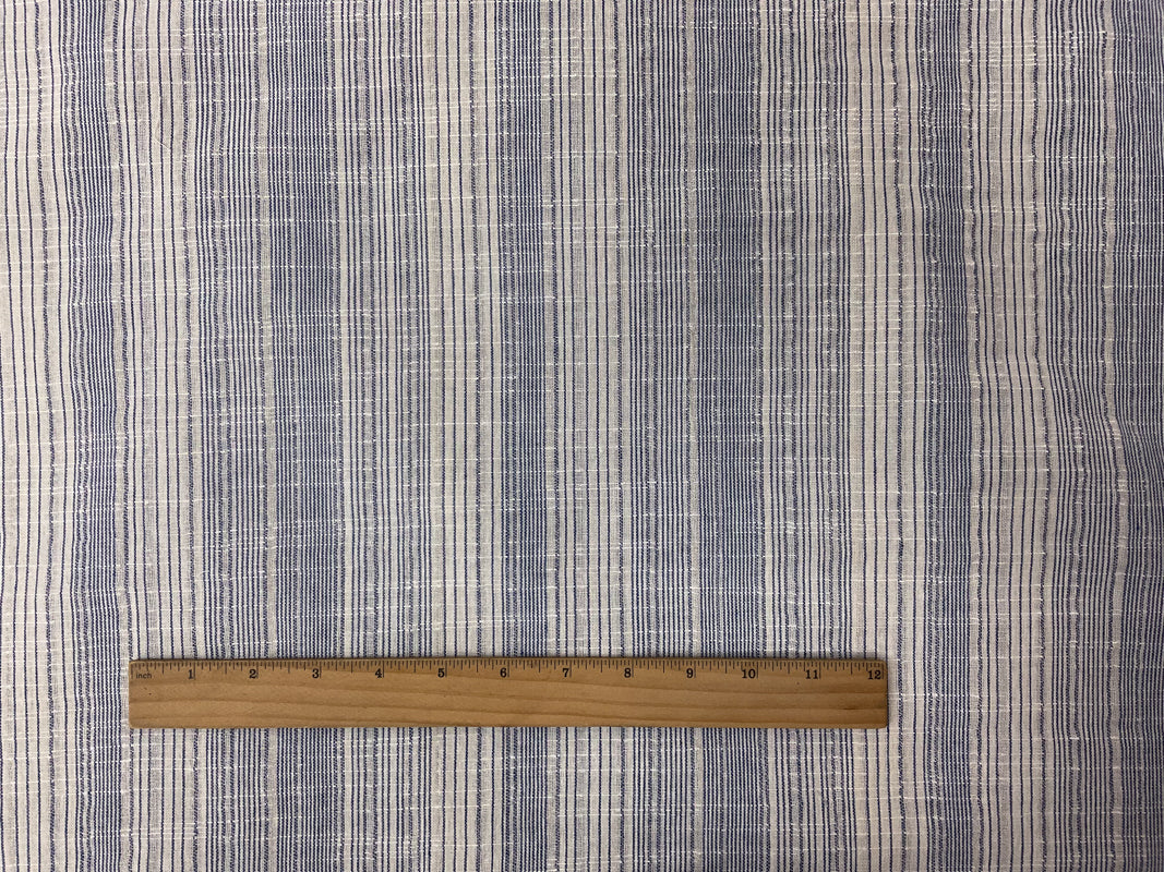 Light Beige-Blue Poly Cotton Stripe Slub Woven Fabric