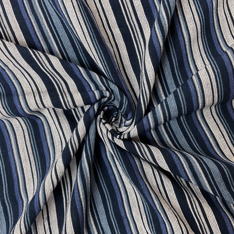 Blue-White-Navy Rayon Stripe Crepon Woven Fabric