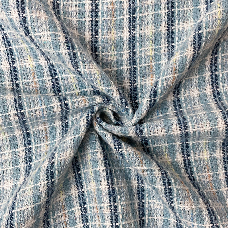 Blue-White-Multi Poly Plaid Tweed Boucle Novelty Woven Fabric