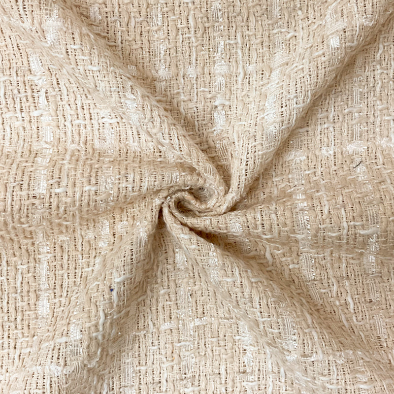 Beige-White Poly Check Tweed Boucle Novelty Woven Fabric
