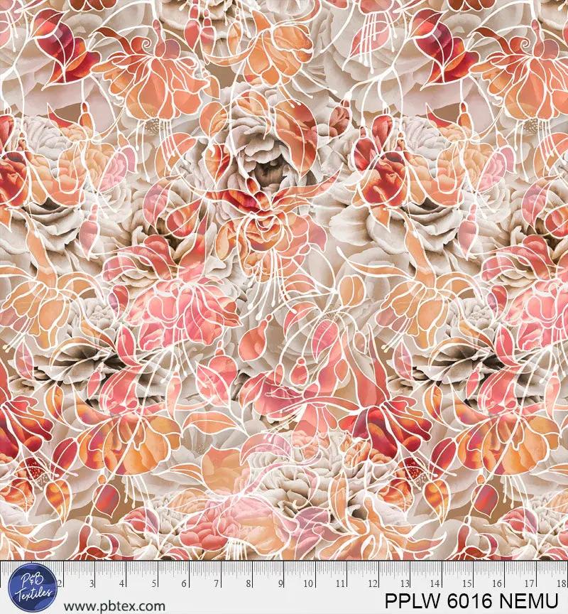108" Petal Play Cream Orange Red Florals Cotton Wideback Fabric per yard P&B Textiles