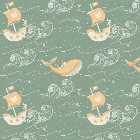 Clothworks Sky Adventures Treacherous Seas quilting fabric in Sage