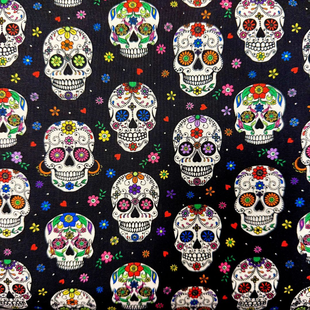 Midnight Black Skull Cotton 44"/45" Fabric Per Yard