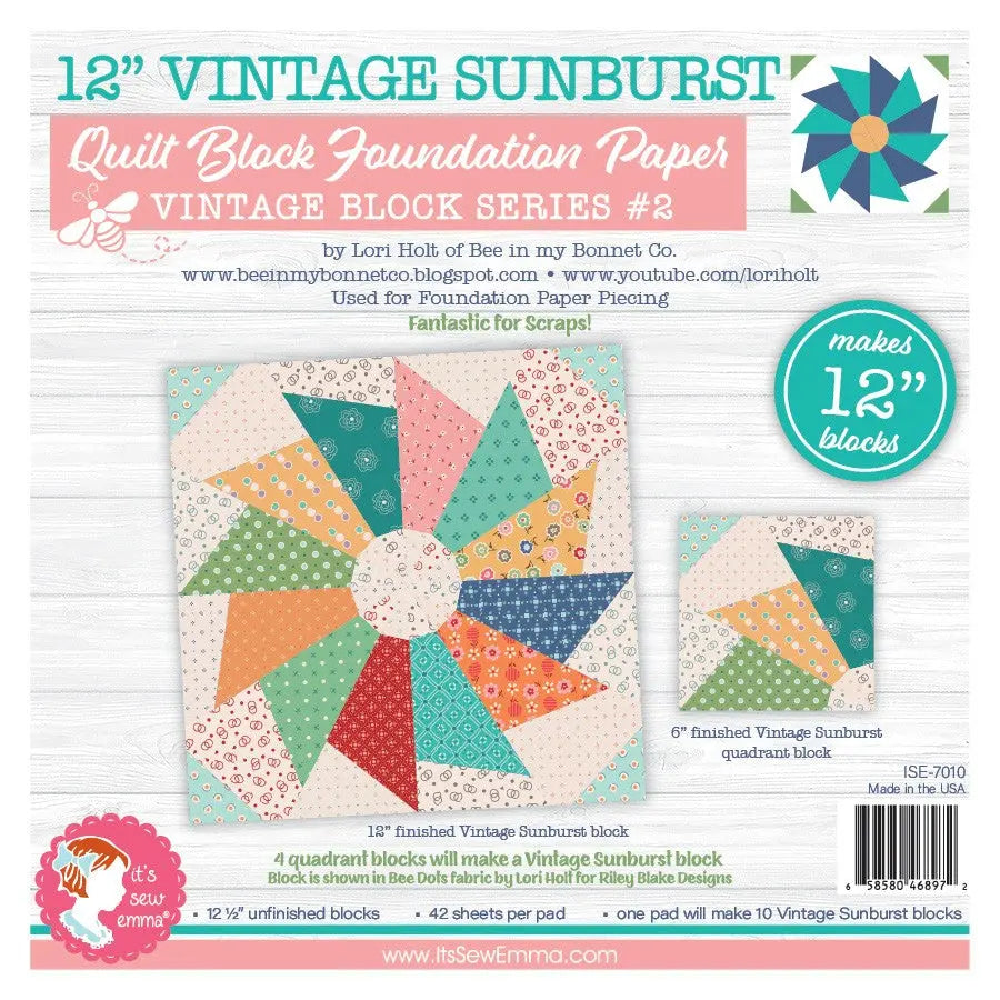 12in Vintage Sunbursts Quilt Block Foundation Papers - Linda's Electric Quilters
