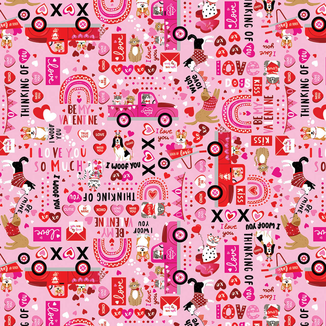 Love You Fur-Ever - XOXO Words - Pink 44" / 45" Fabric Per Yard