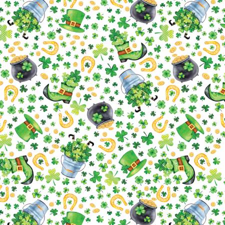 Luck of the Irish St Patricks Day quilting cotton fabric in White