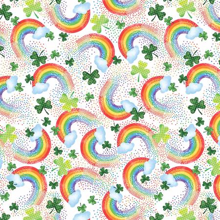 Lucky Rainbows St Patricks Day quilting cotton fabric in White