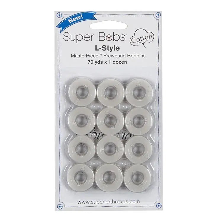 151 Canvas Super Bobs Cotton 12 Pack Prewound Bobbins - L Style - Linda's Electric Quilters