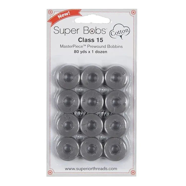 155 Graystone Super Bobs Cotton 12 Pack Prewound Bobbins - Class 15 - Linda's Electric Quilters