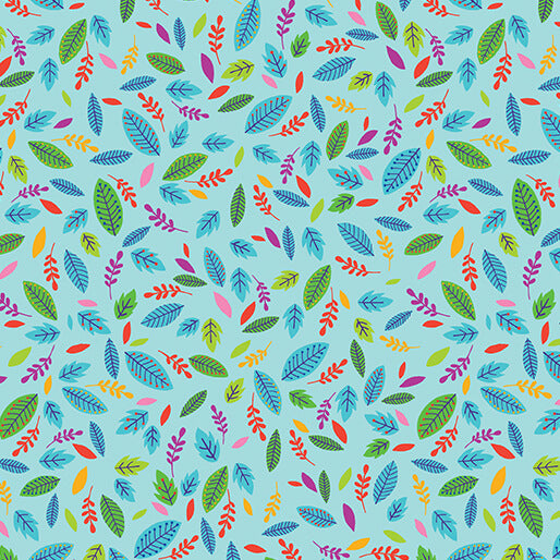 Scattered Leaves Cheeto's World Sky Cotton 44"/45" Fabric Per Yard