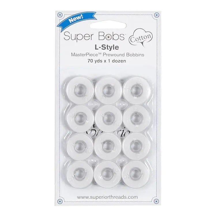 186 Blanc Super Bobs Cotton 12 Pack Prewound Bobbins - L Style - Linda's Electric Quilters
