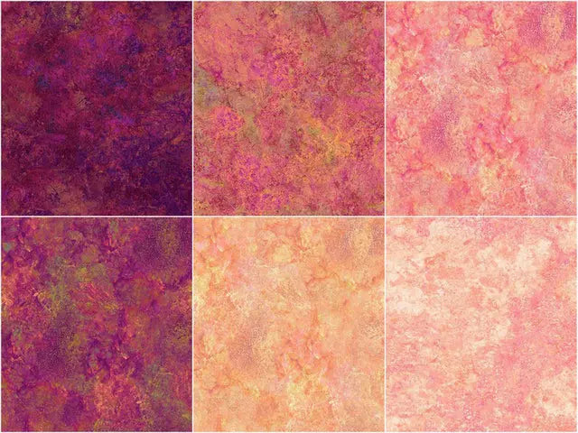 Jelly roll with burgundy, pink, and gold gradations of color and a stone textured appearance. The gorgeous colors and textures from Northcott’s Stonehenge line continue in the Stonehenge Gradations II collection by Linda Ludovico. The mottled colors of these fabrics make them fantastic blenders.