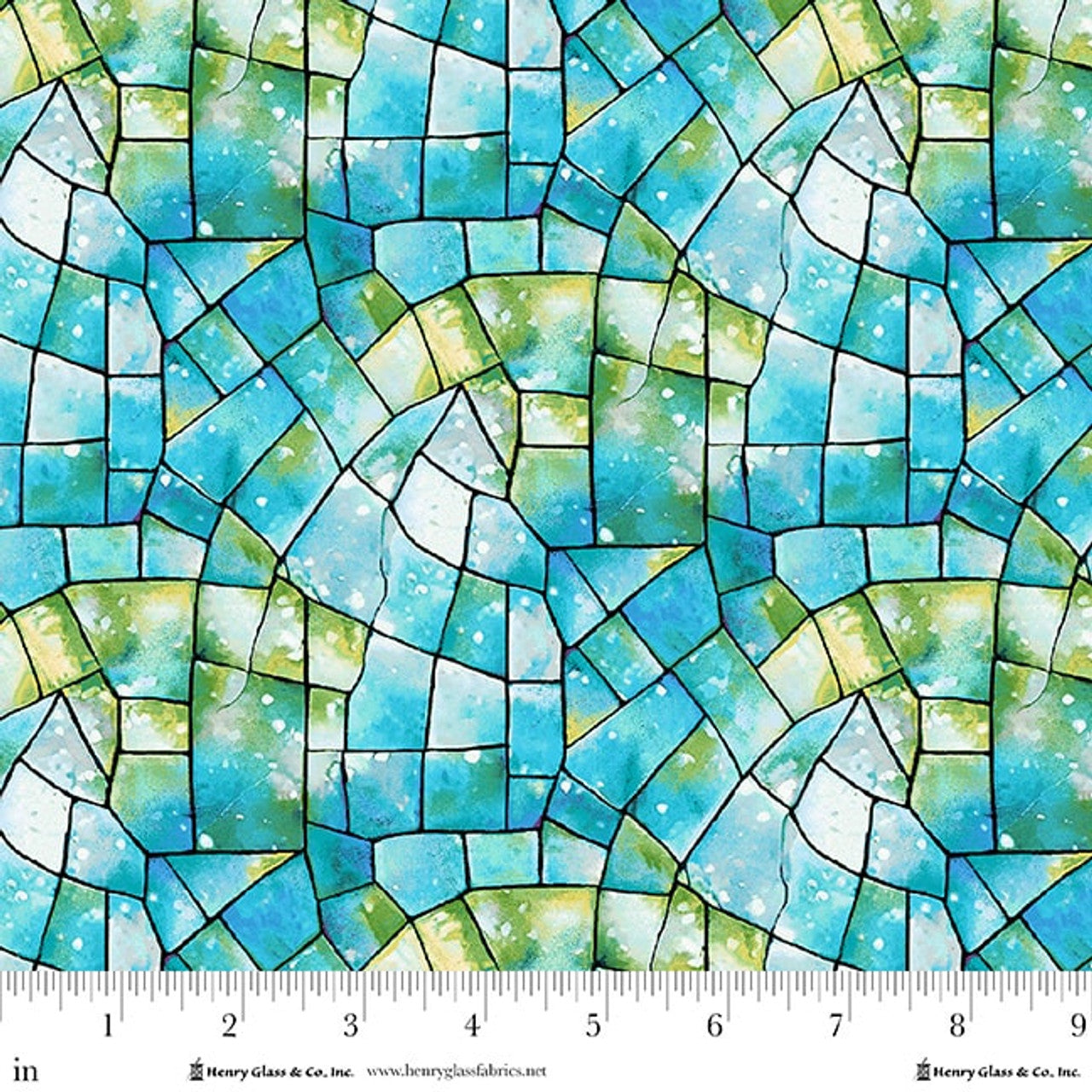 Turquoise/Green Kaleidoscope Stained Glass Cotton Wideback Fabric Per Yard