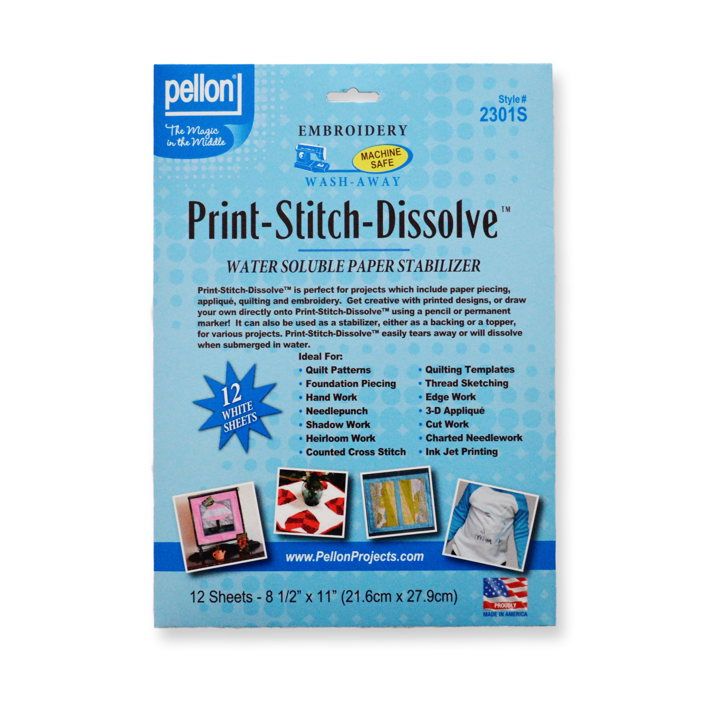Pellon® 2301S Print-Stitch-Dissolve™ 12 Sheets - 8.5" x 11" Package. Color: White.