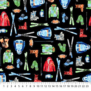 Northcott Winter Sports ski equipment quilting cotton fabric in Black Multi