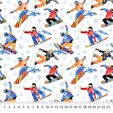 Northcott Winter Sports snowboarding quilting cotton fabric in White Multi