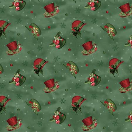 Wilmington Woodland Snowmen Green Hat Toss quilting fabric — winter hats on green