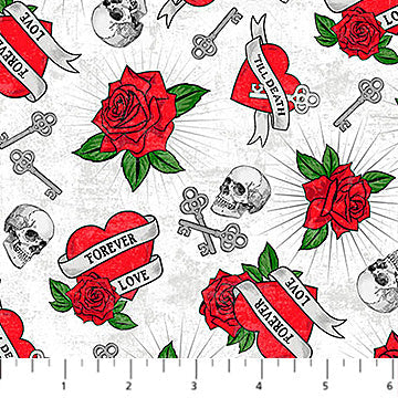 Northcott Till Death Do Us Part Hearts quilting fabric in White Multi