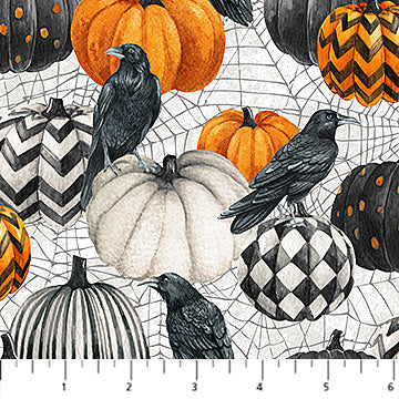 Northcott Spellbound Pumpkins and Crows quilting cotton in White Multi