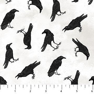 Northcott Spellbound Tossed Crows quilting cotton in White Multi