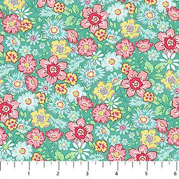 Turquoise Multi Packed Floral Quilting in Bloom 44"/45" Fabric Per Yard