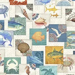 Natural Sealife Patches Wideback Cotton Fabric per yard