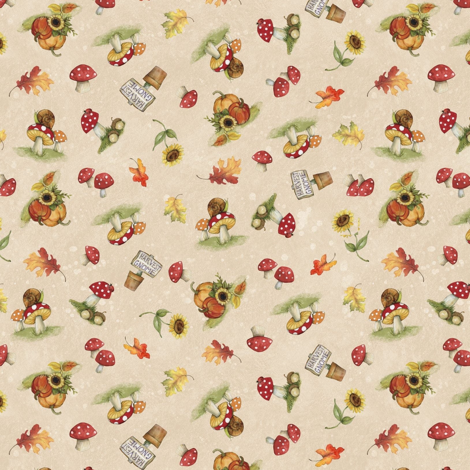 Gnome-kin Patch Autumn Harvest Tan Toss Cotton 44"/45" Fabric Per Yard