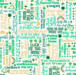 Quilting Treasures St Paddys Cheer Irish lingo quilting cotton fabric in White