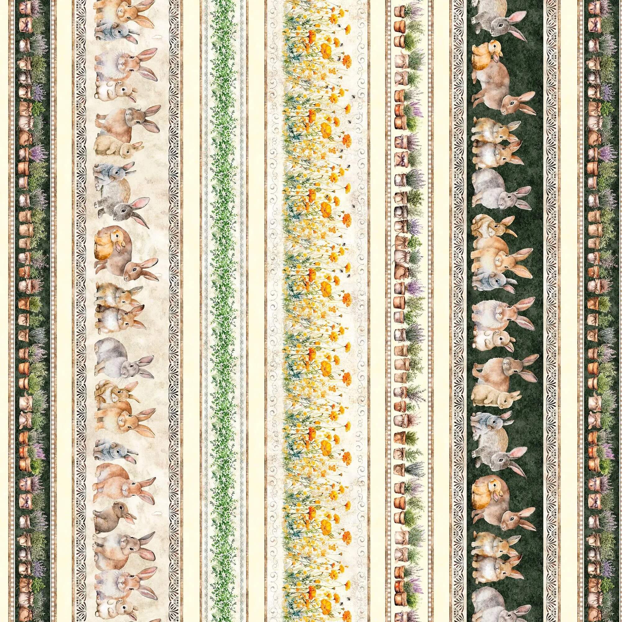 Hunny Bunny - Bunny & Floral Border Stripe 44" / 45" Fabric Per Yard