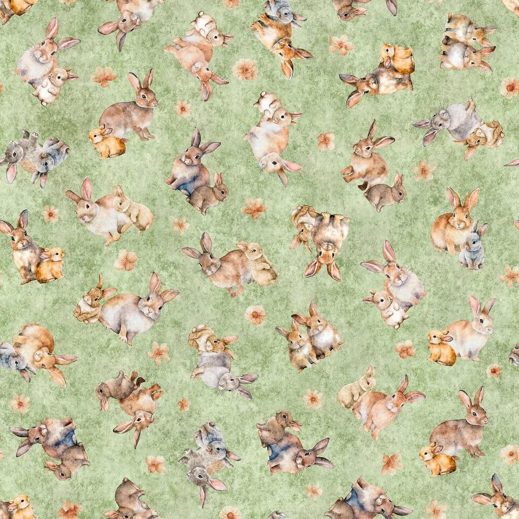 Hunny Bunny - Tossed Bunnies - Sage Green 44" / 45" Fabric Per Yard