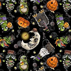 QT Steampunk Halloween Character Toss quilting fabric in Black
