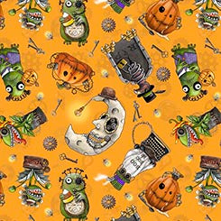QT Steampunk Halloween 3 Character Toss quilting fabric in Orange