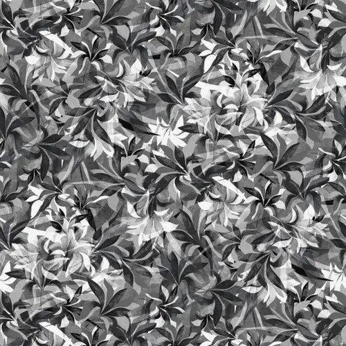 Black and White Shadow Leaves Cotton Wideback Fabric per yard