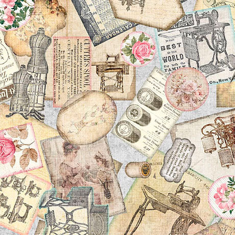 Gray Sewing Ephemera Sew Shabby Chic Cotton 44"/45" Fabric Per Yard