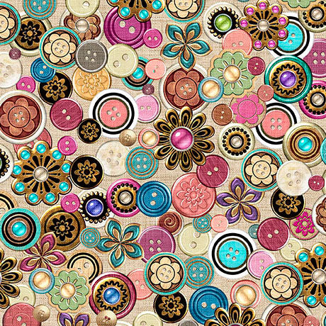 Multi Antique Buttons Sew Shabby Chic Cotton 44"/45" Fabric Per Yard