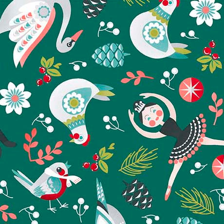 12 Days of Christmas Character Jade Cotton Fabric 44"/45" Fabric Per Yard