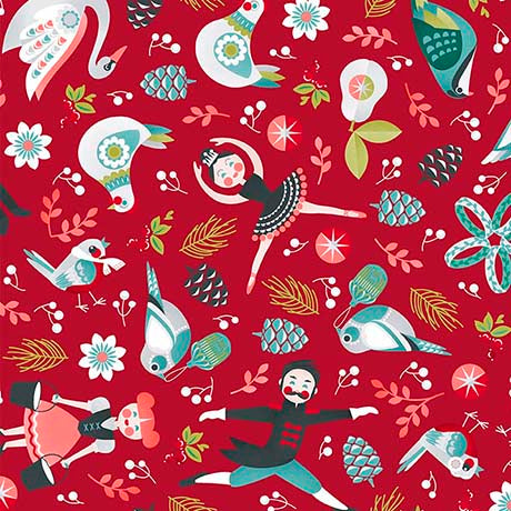 12 Days of Christmas Character Red Cotton Fabric 44"/45" Fabric Per Yard