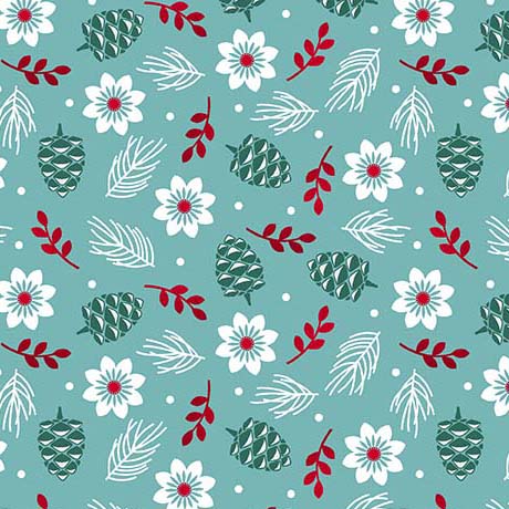 12 Days of Christmas Flowers & Pine Teal Cotton Fabric 44"/45" Fabric Per Yard