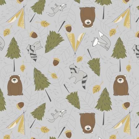 Wilmington Into the Woodlands critters and trees quilting cotton fabric in Gray