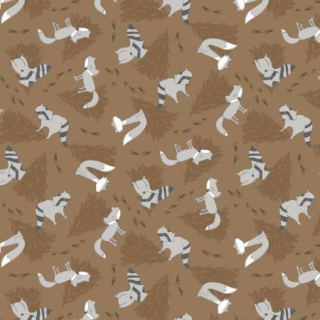 Wilmington Into the Woodlands raccoons and foxes quilting cotton fabric in Brown