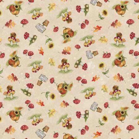 Wilmington Gnome-Kin Patch Mushroom Toss quilting fabric in Cream