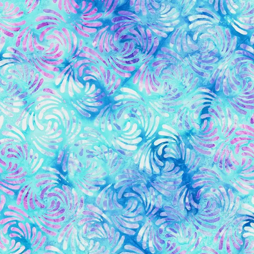 Blue Purple Multi Swirly Water Drops Batik Cotton Wideback Fabric