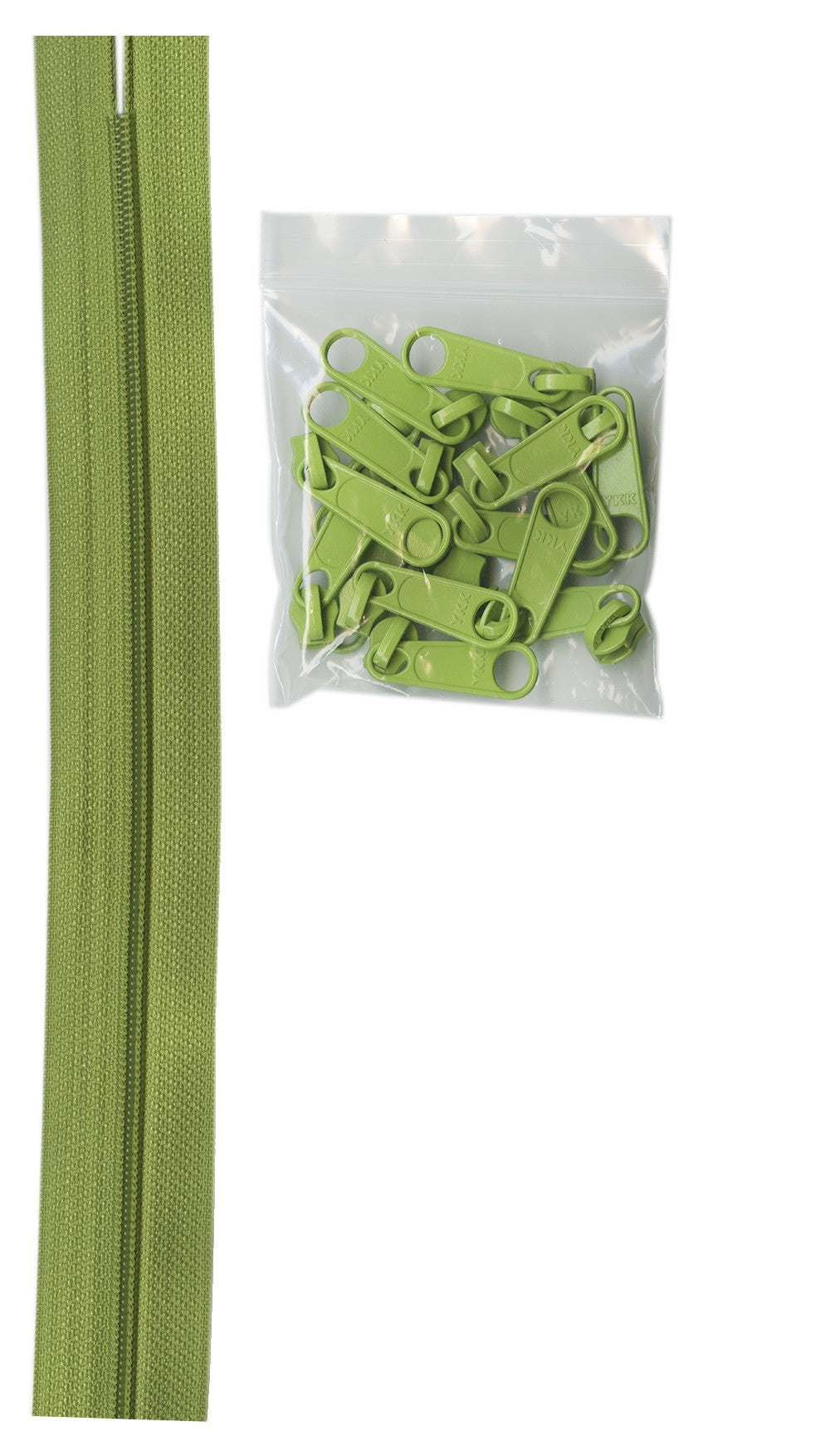 4 yards of 16mm #4.5 zipper chain and 16 Extra-Large Coordinated Pulls Apple Gre