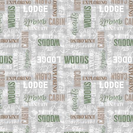 Wilmington Timberland Trails Words All Over quilting fabric in Gray