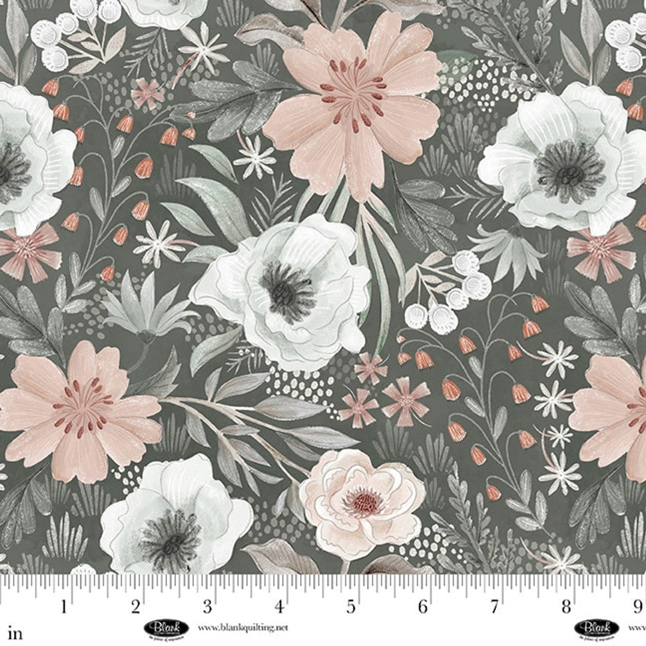 Gray Large Flowers Petals & Pewter Cotton 44"/45" Fabric Per Yard